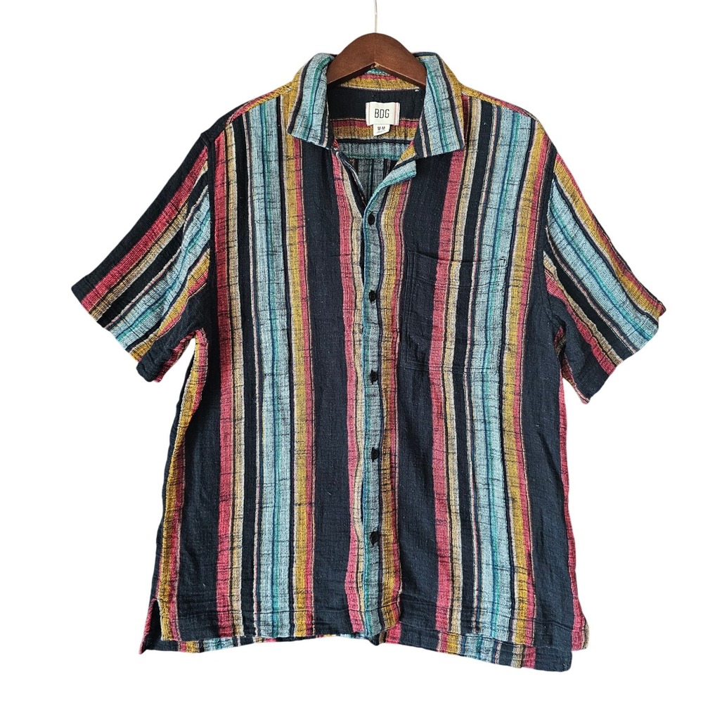 BDG Eli Striped‎ Short Sleeve Button Up Camp Collar Shirt Casual Beach Size M